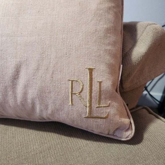 Lauren Ralph Lauren Monogram Lumbar Throw Pillow Tan Linen Blend Accent - Picture 2 of 14